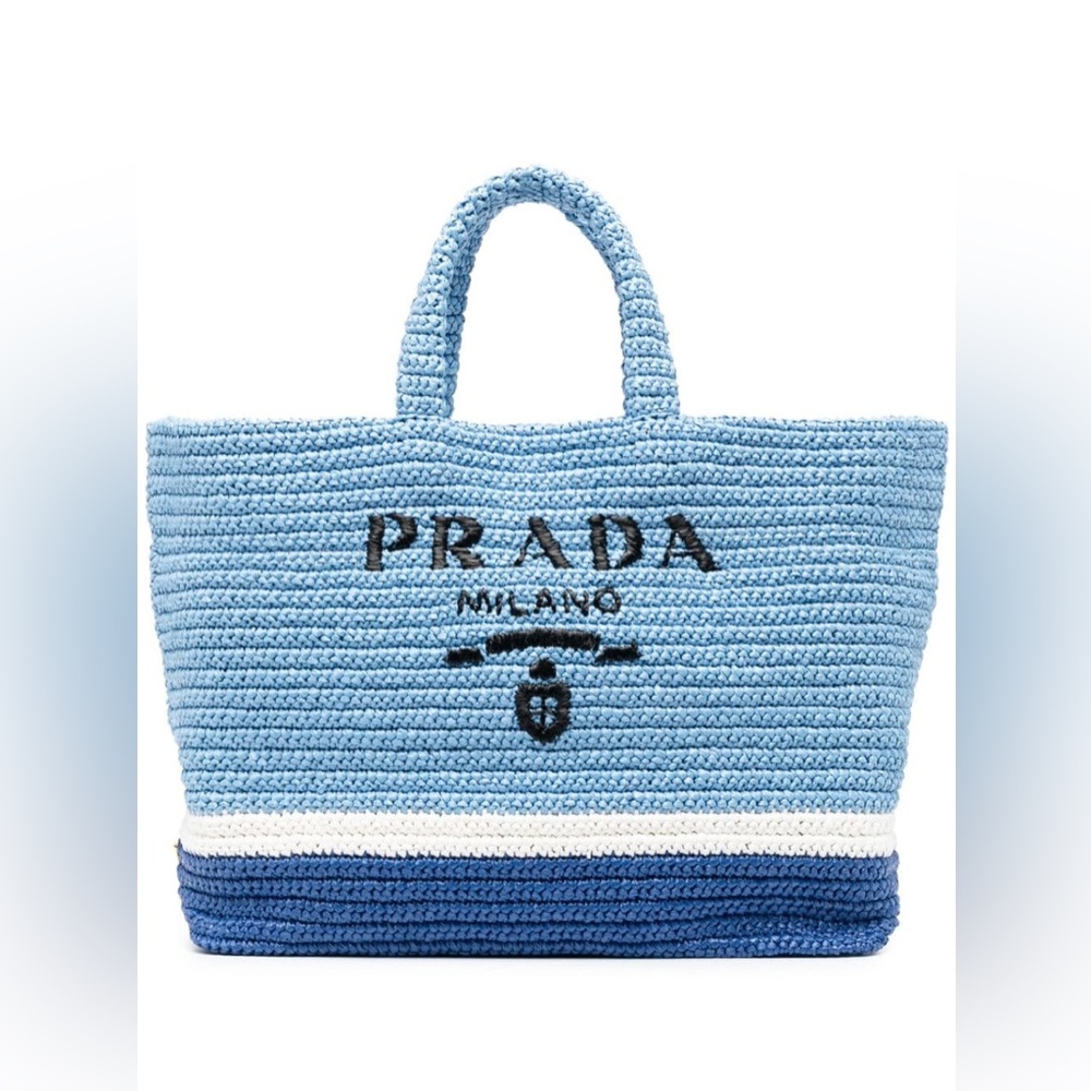 Prada Large Raffia Tote Beach Bag Shopping Light Blue